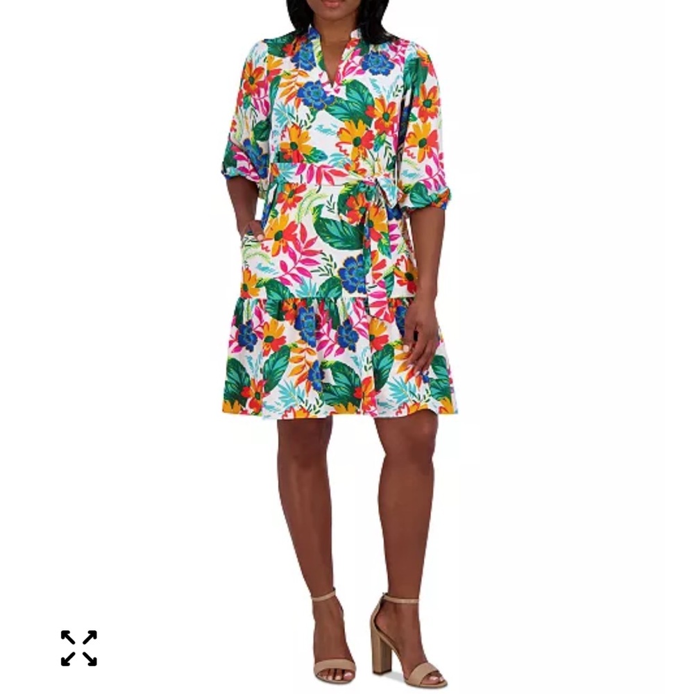 NWT Jessica Howard Tropical Floral Tie-Waist Shirt Dress new
